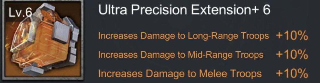 Ultra Precision Extension+ 6, an orange attachment granting +10% damage to long-range, mid-range and melee troops