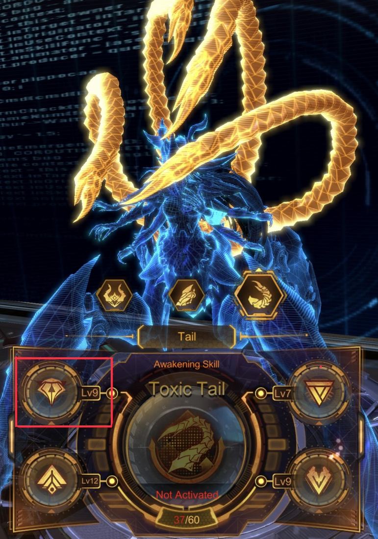 Female Titan tail screen showing the Toxic Tail awakening skill with the top-left node highlighted