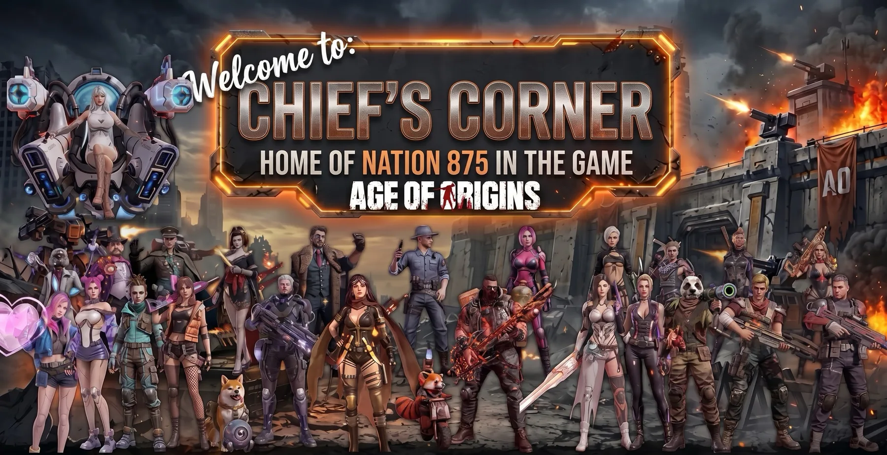 Welcome to Chief's Corner, home of Nation 875 in the game Age of Origins, with all 24 officers lined up in front of a burning fortress